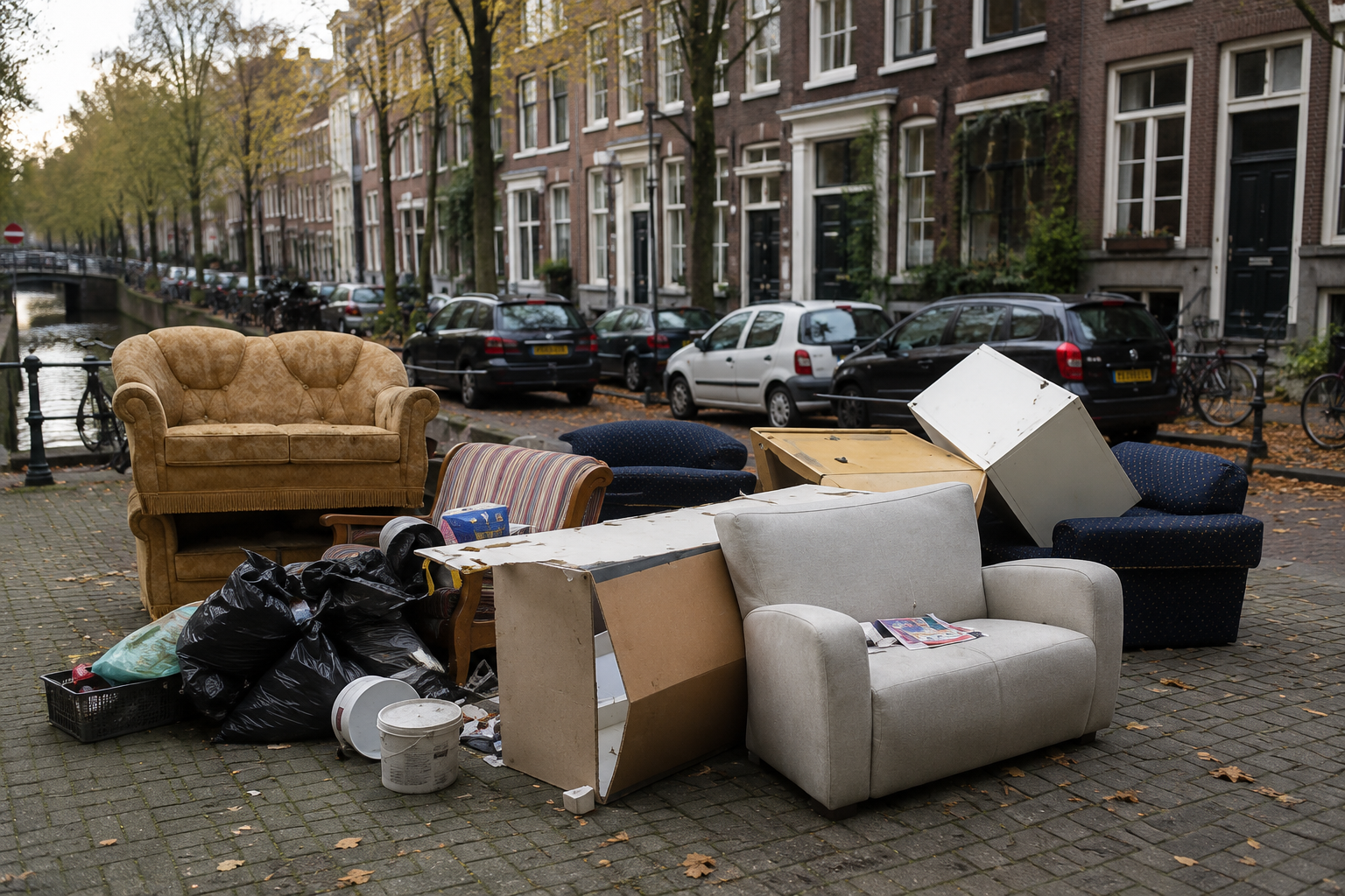 Grofvuil zoals banken, kasten en vuilniszakken langs een Amsterdamse gracht
