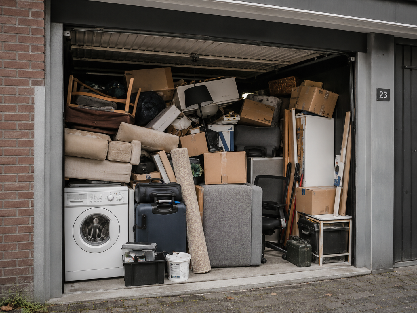 Een volgestouwde garagebox met meubels, dozen, witgoed en opslagspullen